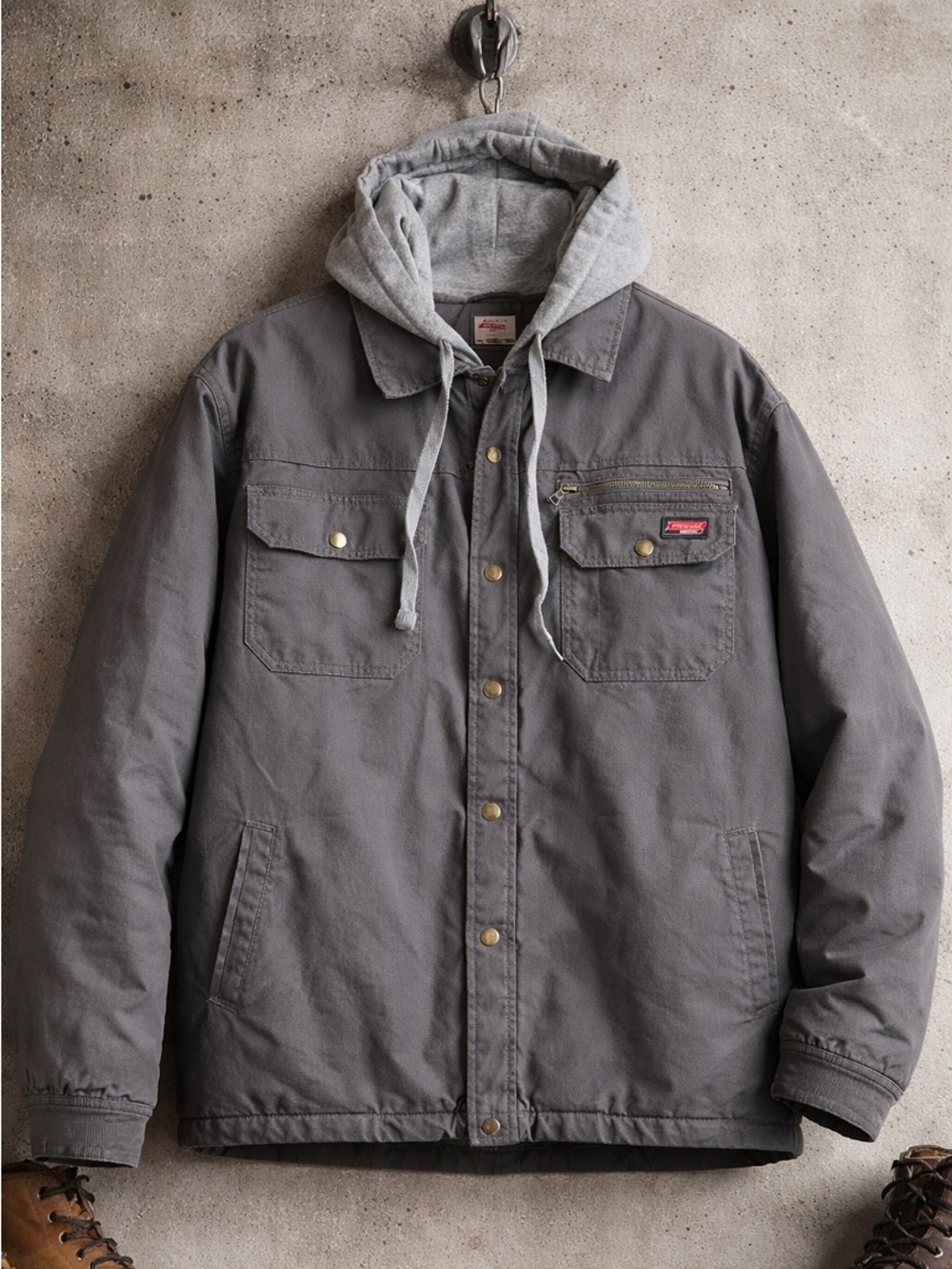 Dickies Hooded Work Jacket L Gray Canvas Duck Coat Quilted Lined Utility